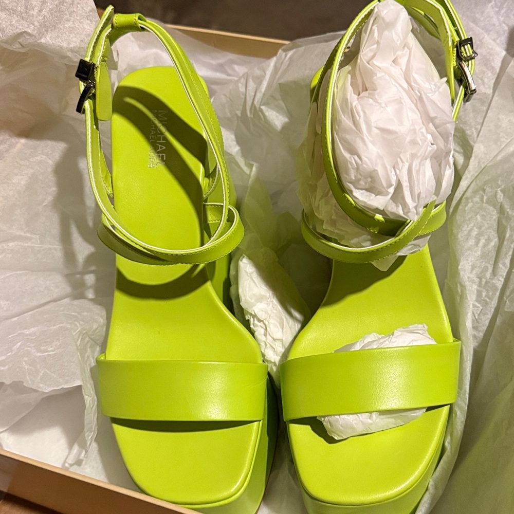 Neon Green Michael Kors Platform Wedge Sandals - Picture 3 of 5